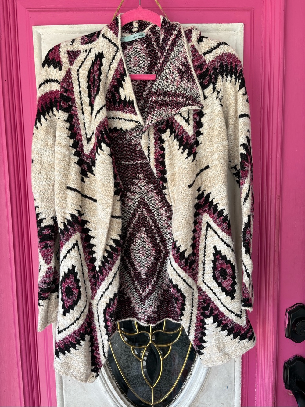 Maurices Aztec Open-Front Cardigan in Cream & Burgundy